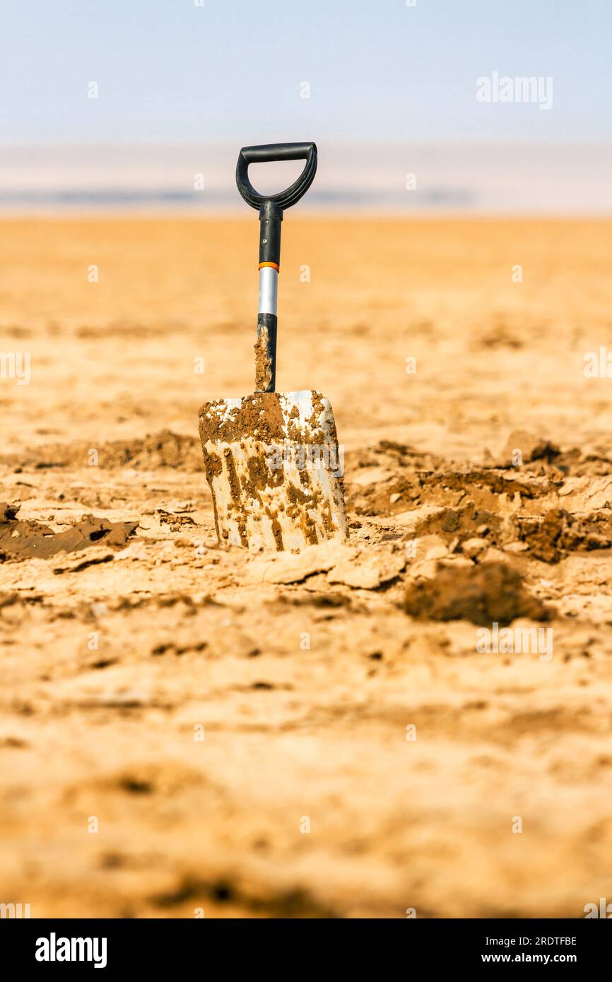 Contexte. Pelle conduite dans le fond marécageux du lac salé asséché Chott el Djerid. Tunisie Afrique Banque D'Images