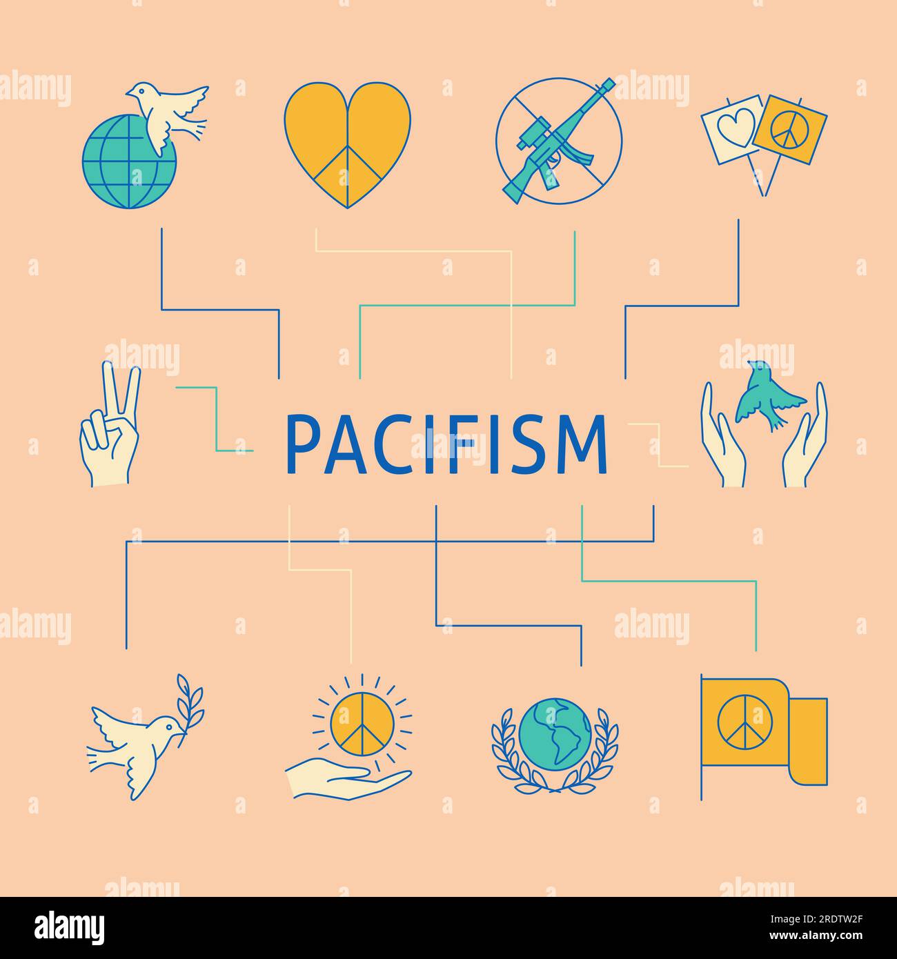 Affiche de pacifisme dans le style de ligne colorée. Symboles de paix et de désarmement. Illustration vectorielle. Illustration de Vecteur Affiche de pacifisme dans le style de ligne colorée. Symboles de paix et de désarmement. Illustration vectorielle. Illustration de Vecteur