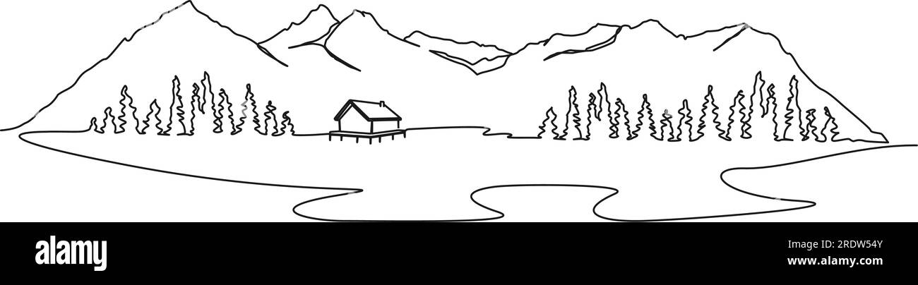 dessin continu à une seule ligne de la cabine au bord du lac dans le beau paysage de montagne, illustration vectorielle d'art de ligne Illustration de Vecteur