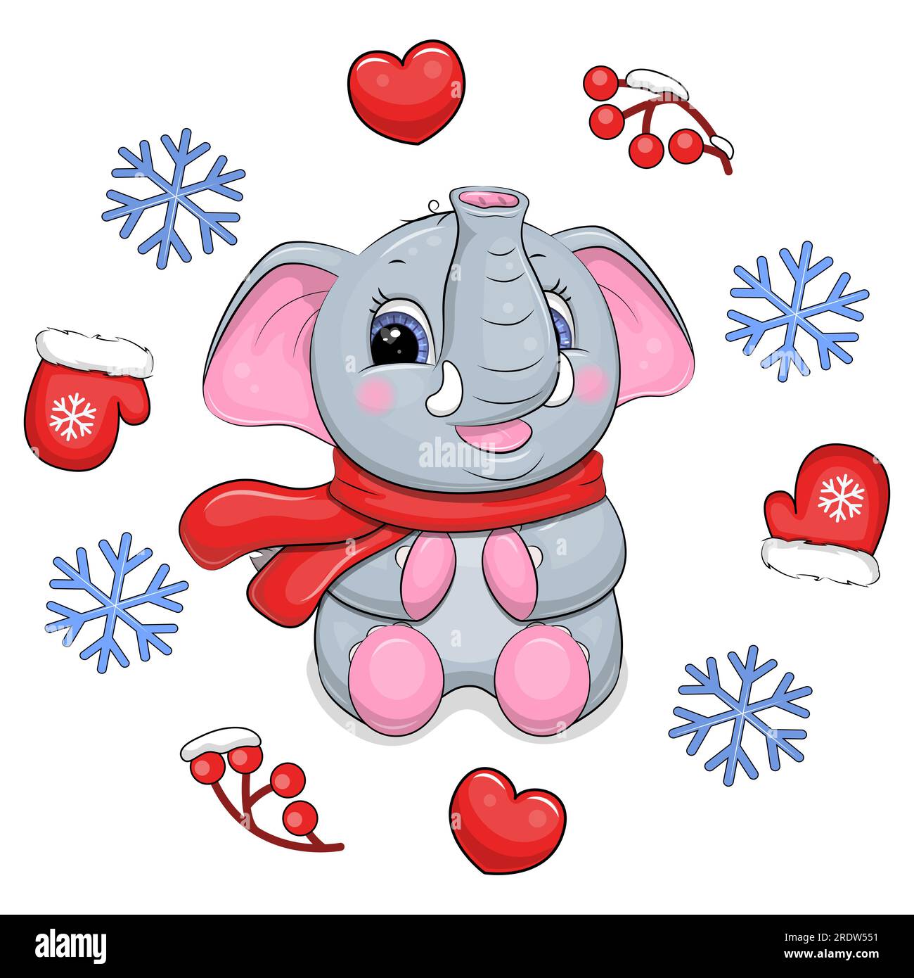 Mignon éléphant de dessin animé avec une écharpe rouge dans un cadre d'hiver. Illustration vectorielle d'un animal avec des mitaines, des coeurs rouges, des baies, des flocons de neige bleus. Illustration de Vecteur