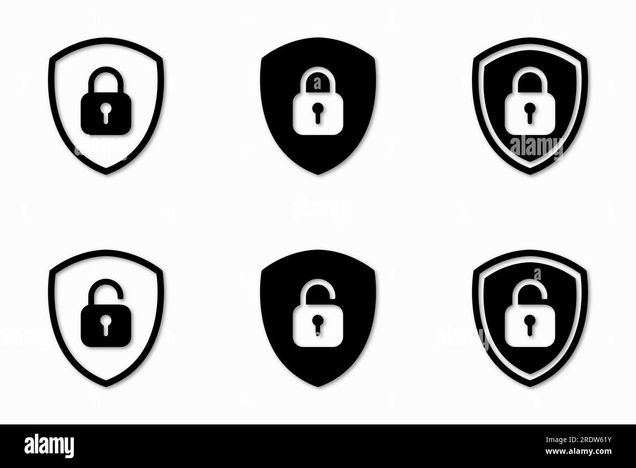 Jeu d'icônes de verrouillage et de déverrouillage du bouclier. Cadenas à symbole. Signe vectoriel Illustration sur fond blanc. Illustration de Vecteur
