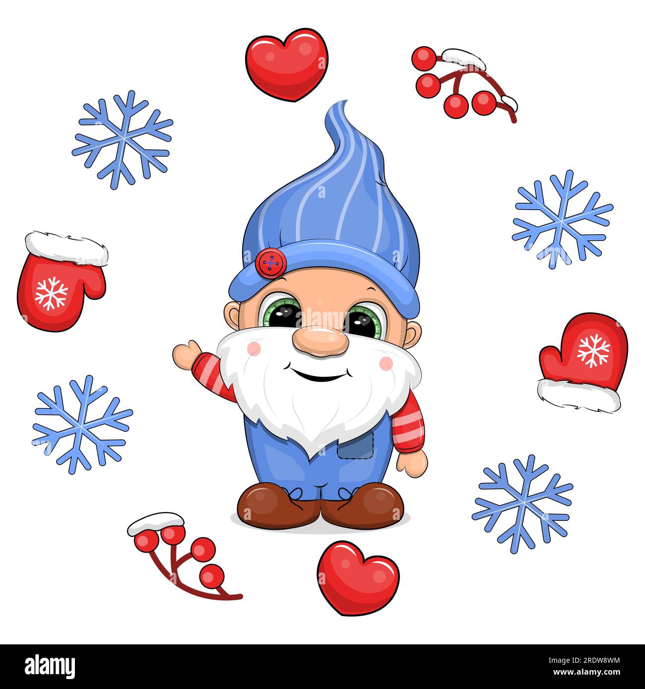 Mignon gnome de dessin animé dans un cadre d'hiver. Illustration vectorielle de Noël d'un homme nain avec des mitaines, des coeurs rouges, des baies et des flocons de neige bleus. Illustration de Vecteur