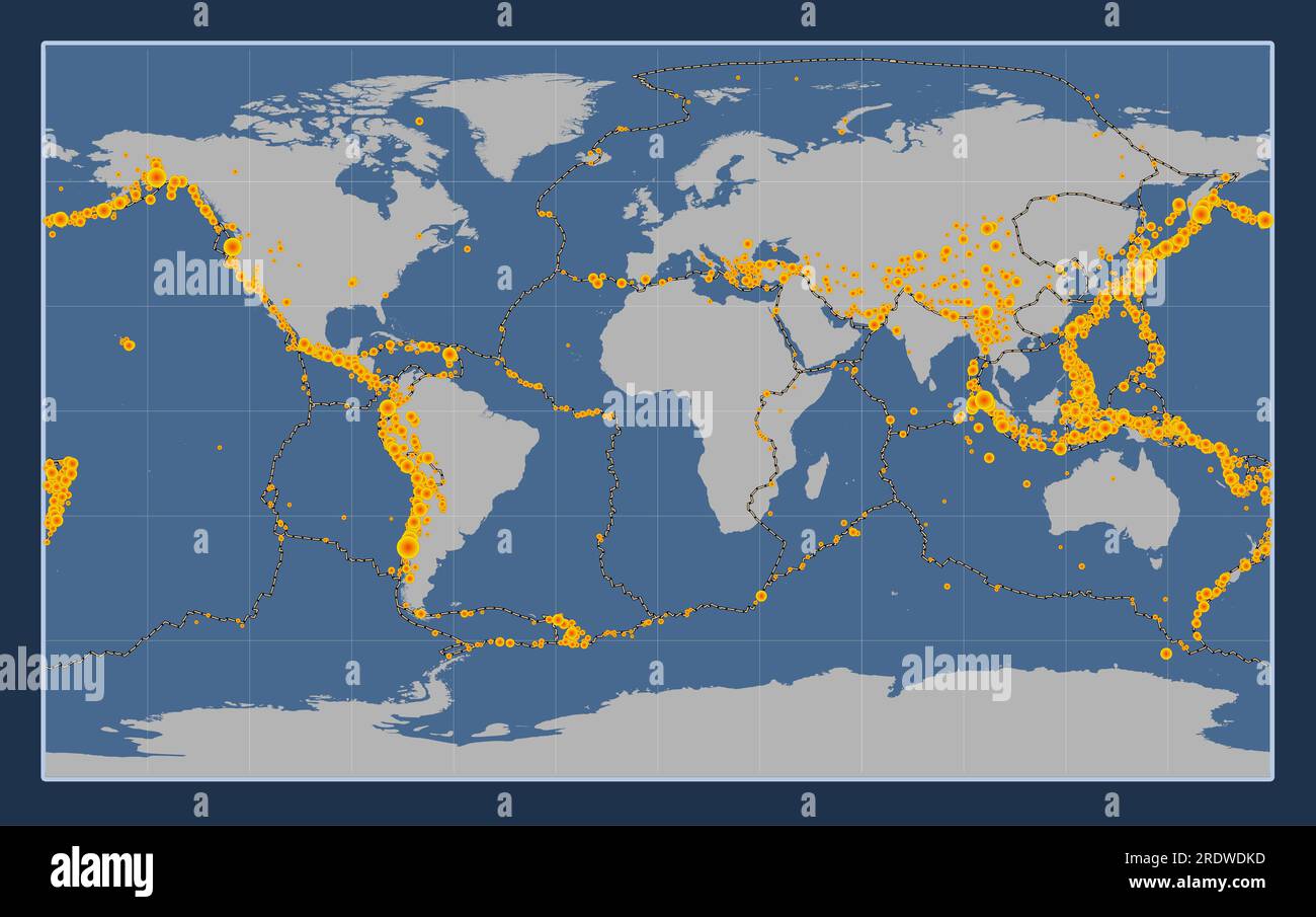 Emplacements des tremblements de terre de magnitude supérieure à 6,5 enregistrés depuis le début du 17e siècle sur la carte mondiale des contours solides du cen de projection Compact Miller Banque D'Images