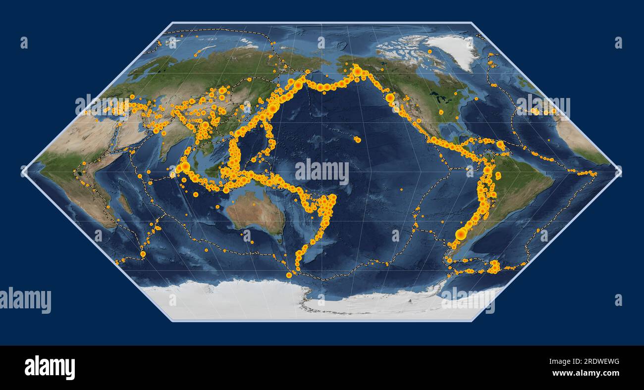 Emplacements des tremblements de terre au-dessus de Richter 6,5 enregistrés depuis le début du 17e siècle sur la carte satellite mondiale de marbre bleu dans le cen de projection Eckert I. Banque D'Images