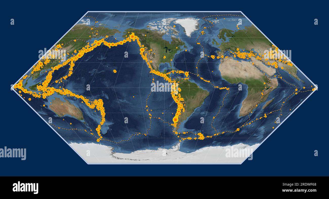 Emplacements des tremblements de terre au-dessus de Richter 6,5 enregistrés depuis le début du 17e siècle sur la carte satellite mondiale de marbre bleu dans le cen de projection Eckert I. Banque D'Images