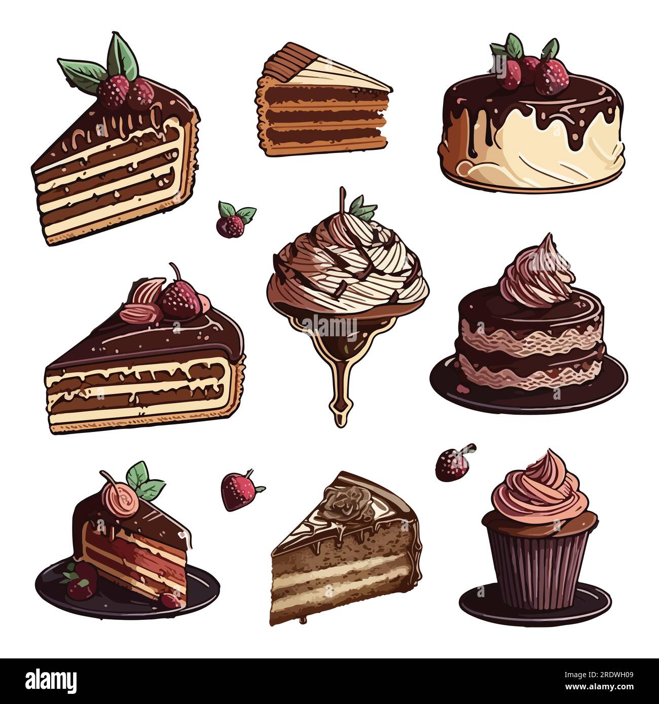 Délicieuse collection de bonbons colorés. Collection de gâteaux. Illustration de Vecteur