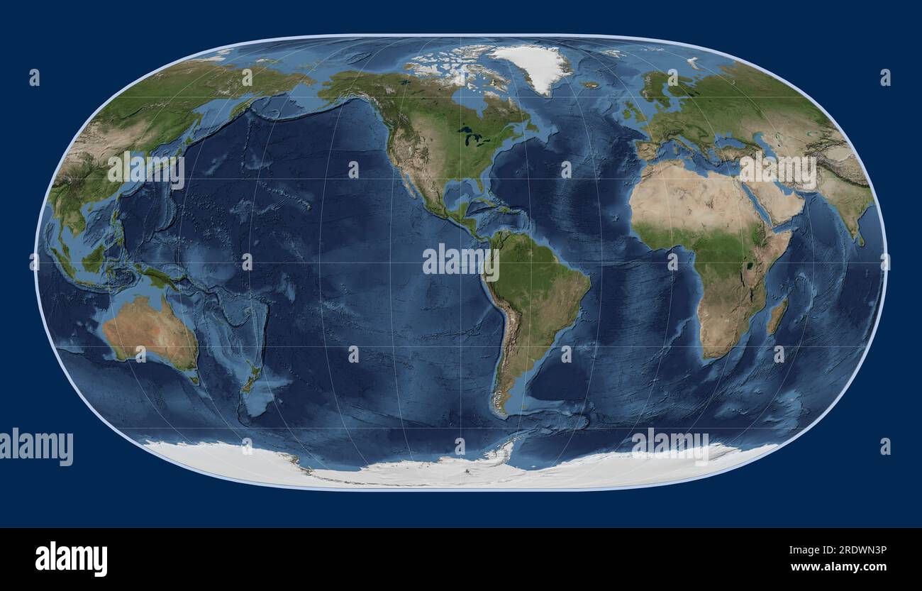 Carte satellite World Blue Marble dans la projection Natural Earth II centrée sur le 90e méridien de longitude ouest Banque D'Images