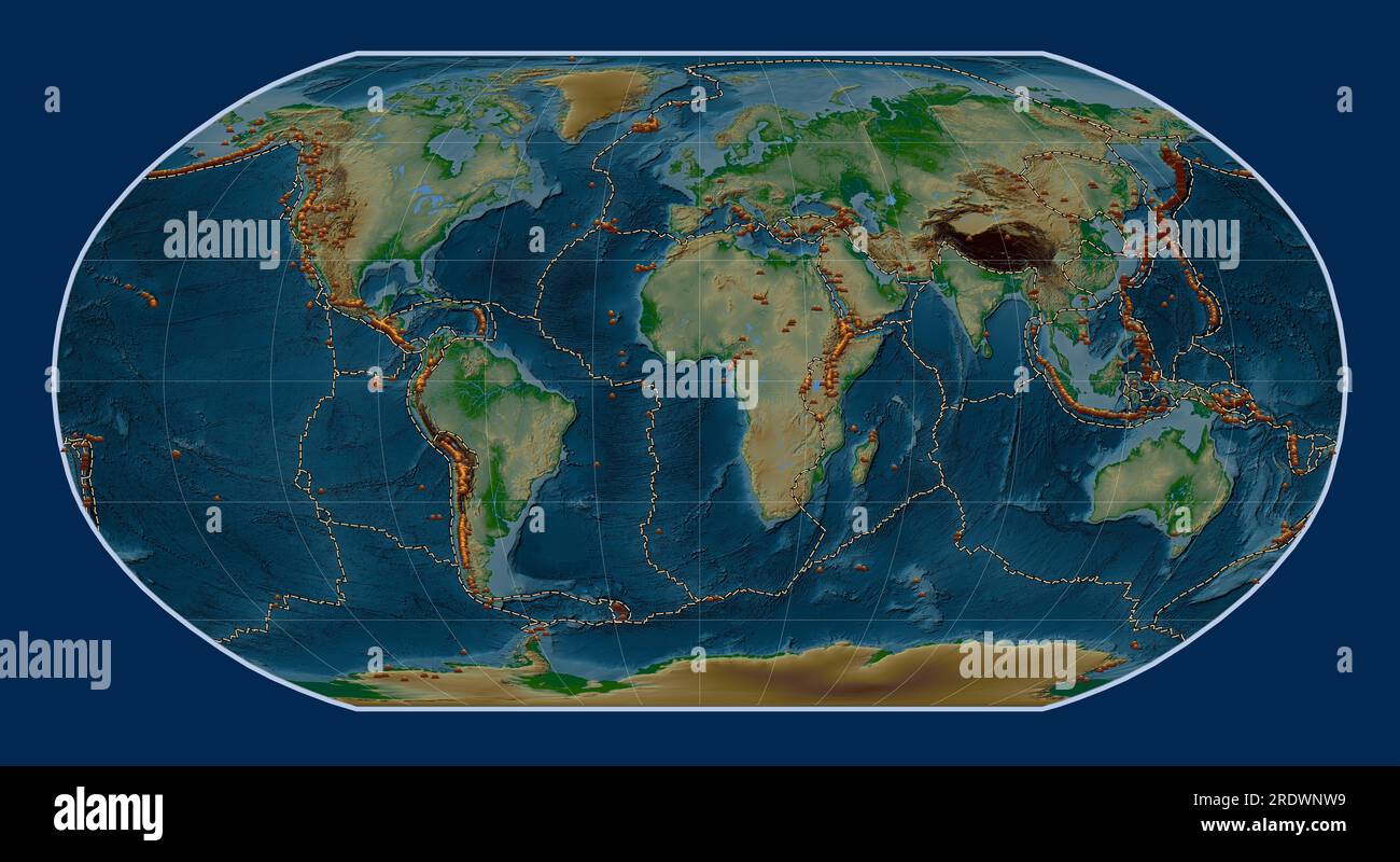 Répartition des volcans connus sur la carte de l'altitude physique — free download