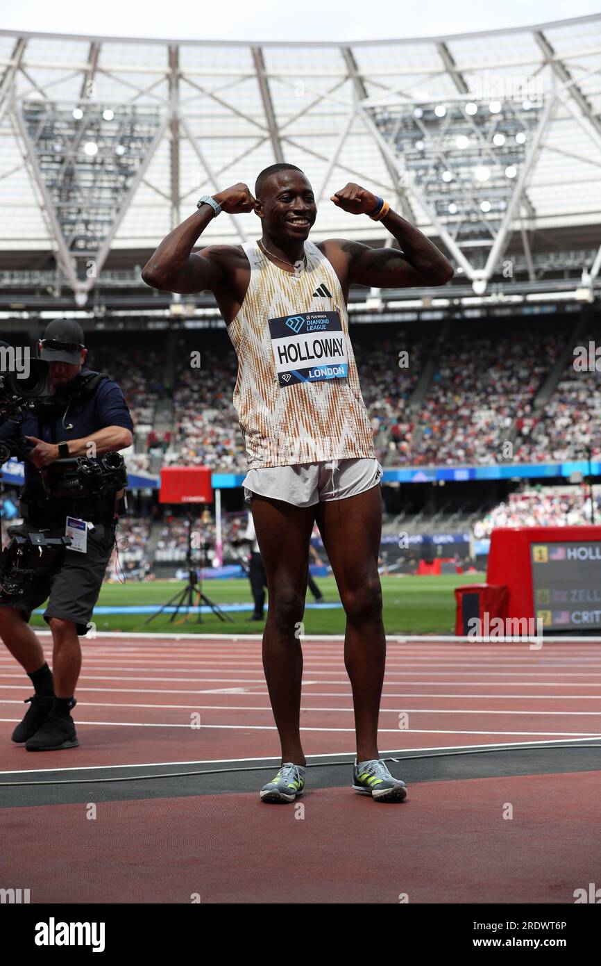 Grant HOLLOWAY après le 110m haies de la Wanda Diamond League au London Stadium Banque D'Images