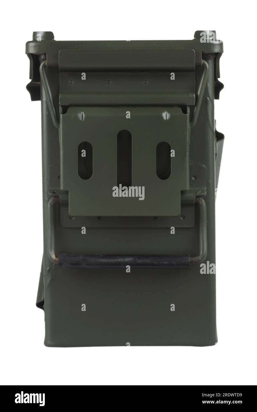 Boîte de munitions pour grenades de 40mm isolé sur fond blanc Banque D'Images