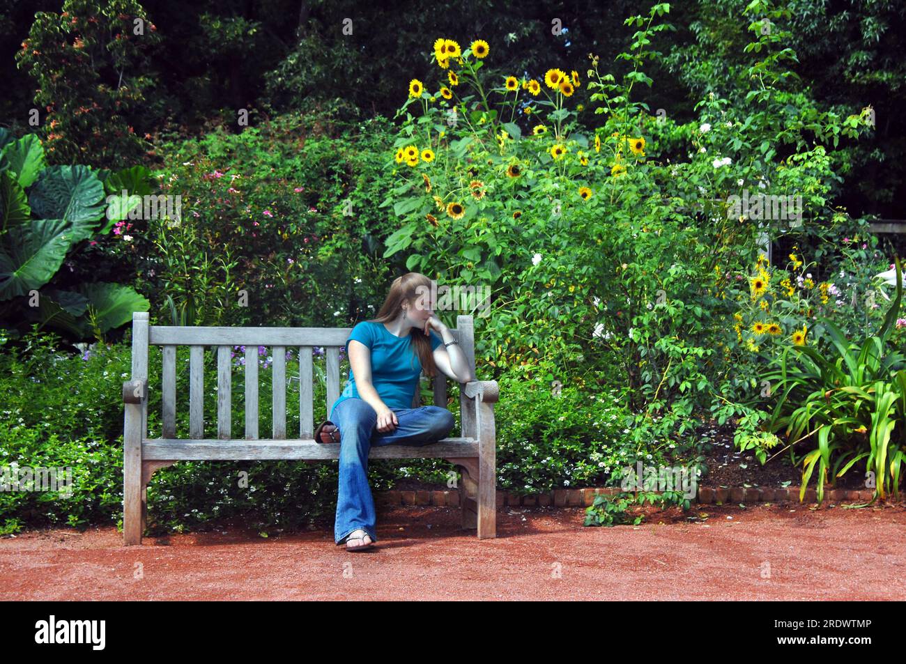 Jeune femme assise seule sur un banc de jardin. Elle penche la tête sur sa main et prie. Banque D'Images