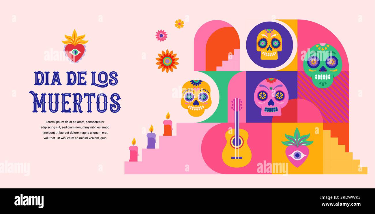 Dia de los muertos, jour des morts, fête mexicaine, festival. Affiche vectorielle, bannière et carte dans un style géométrique moderne, avec crânes, église Illustration de Vecteur