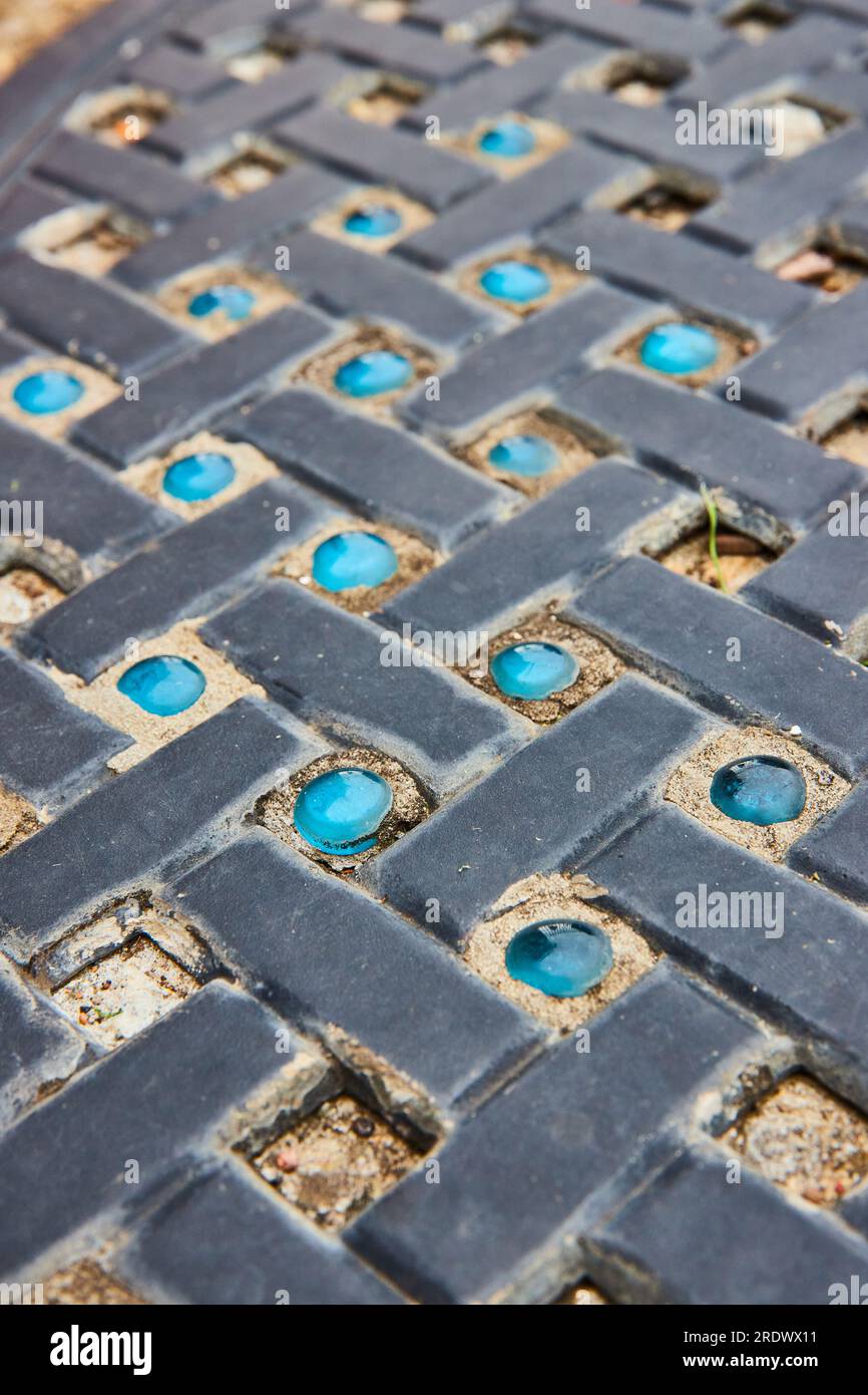 Vue inclinée du chemin de briques noires avec tous les autres motifs de pierres de marbre bleu variables et manquantes Banque D'Images