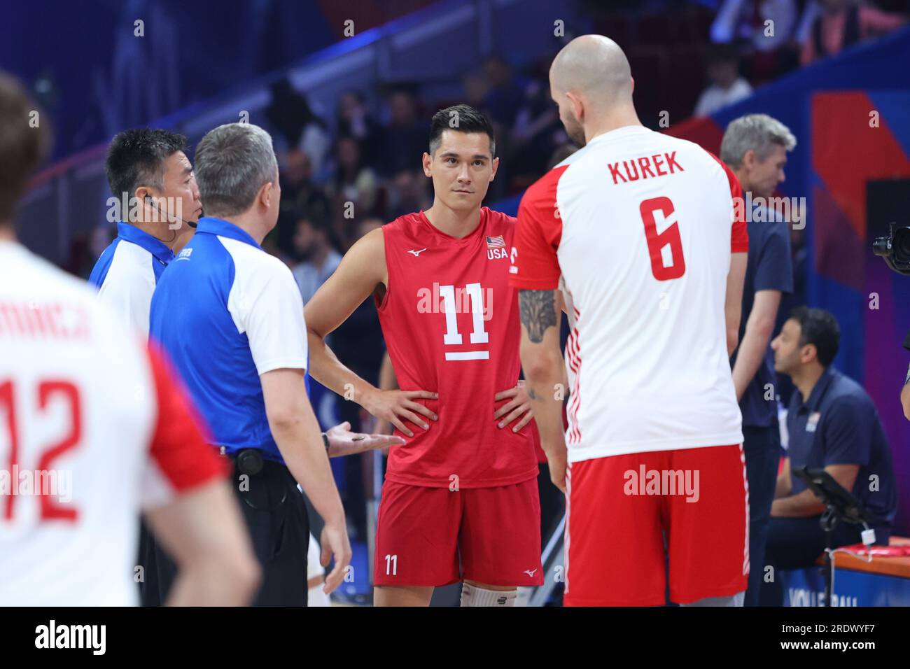 23 JUILLET 2023 : GDANSK 23.07.2023.SIATKOWKA MEZCZYZN LIGA NARODOW 2023 TURNIEJ FINALOWY - MECZ FINALE : POLSKA - USA --- MENS VOLLEYBALL NATIONS LEAGUE 2023 FINALE - FINALE À GDANSK : POLOGNE - USA.N/Z MICAH CHRISTENSON BARTOSZ KUREK .FOT. ANNA KLEPACZKO/FOTOPYK (crédit image : © Anna Klepaczko/Newspix via crédit : Zuma Press/Alamy Live News Banque D'Images