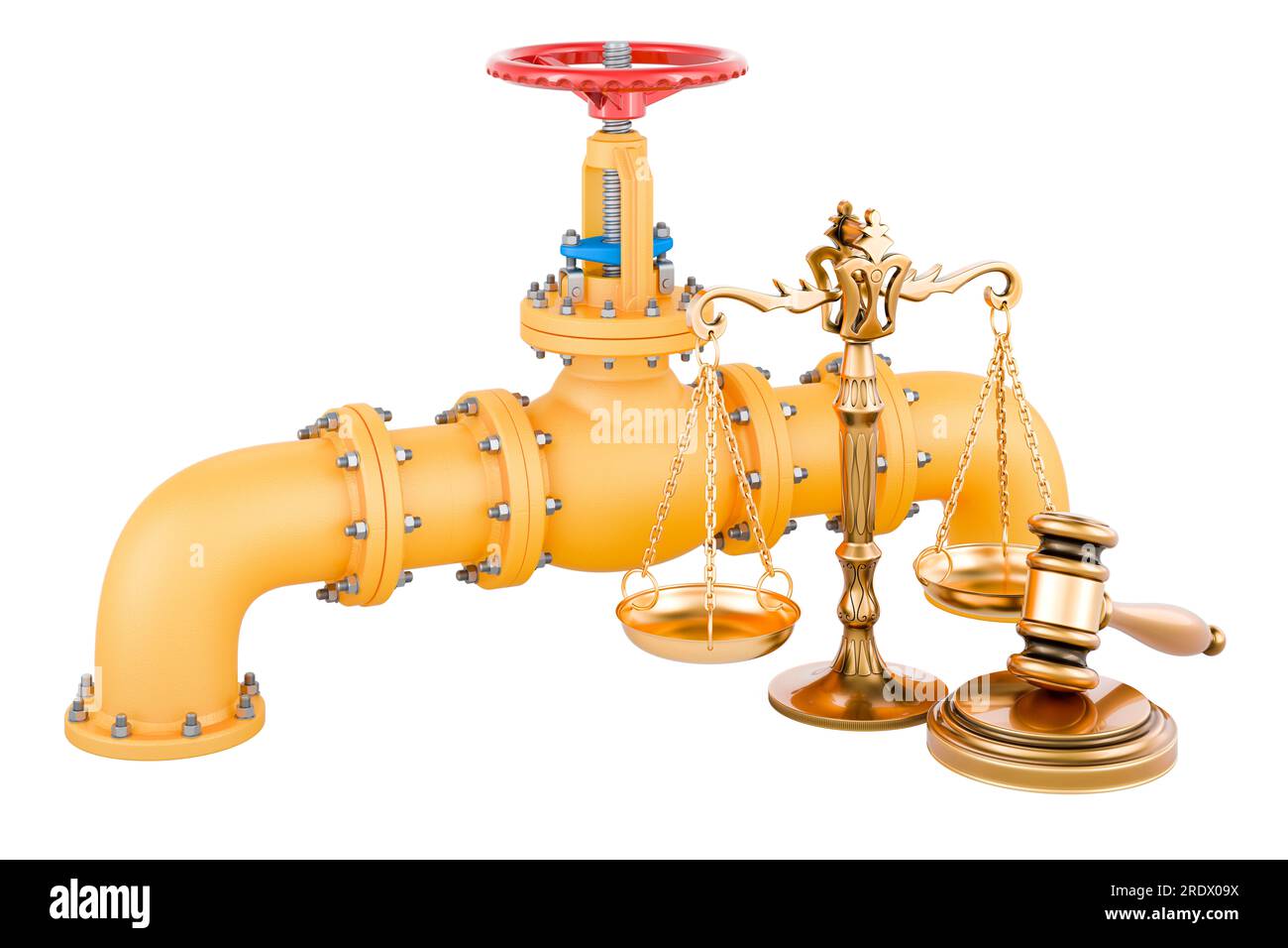 Pipeline avec marteau en bois et échelles de justice. Rendu 3D isolé sur fond blanc Banque D'Images