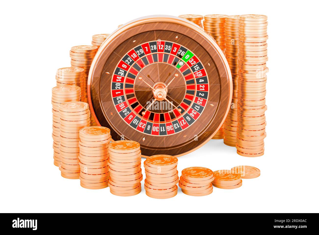 Roulette de casino avec graphique croissant de pièces d'or autour, rendu 3D isolé sur fond blanc Banque D'Images