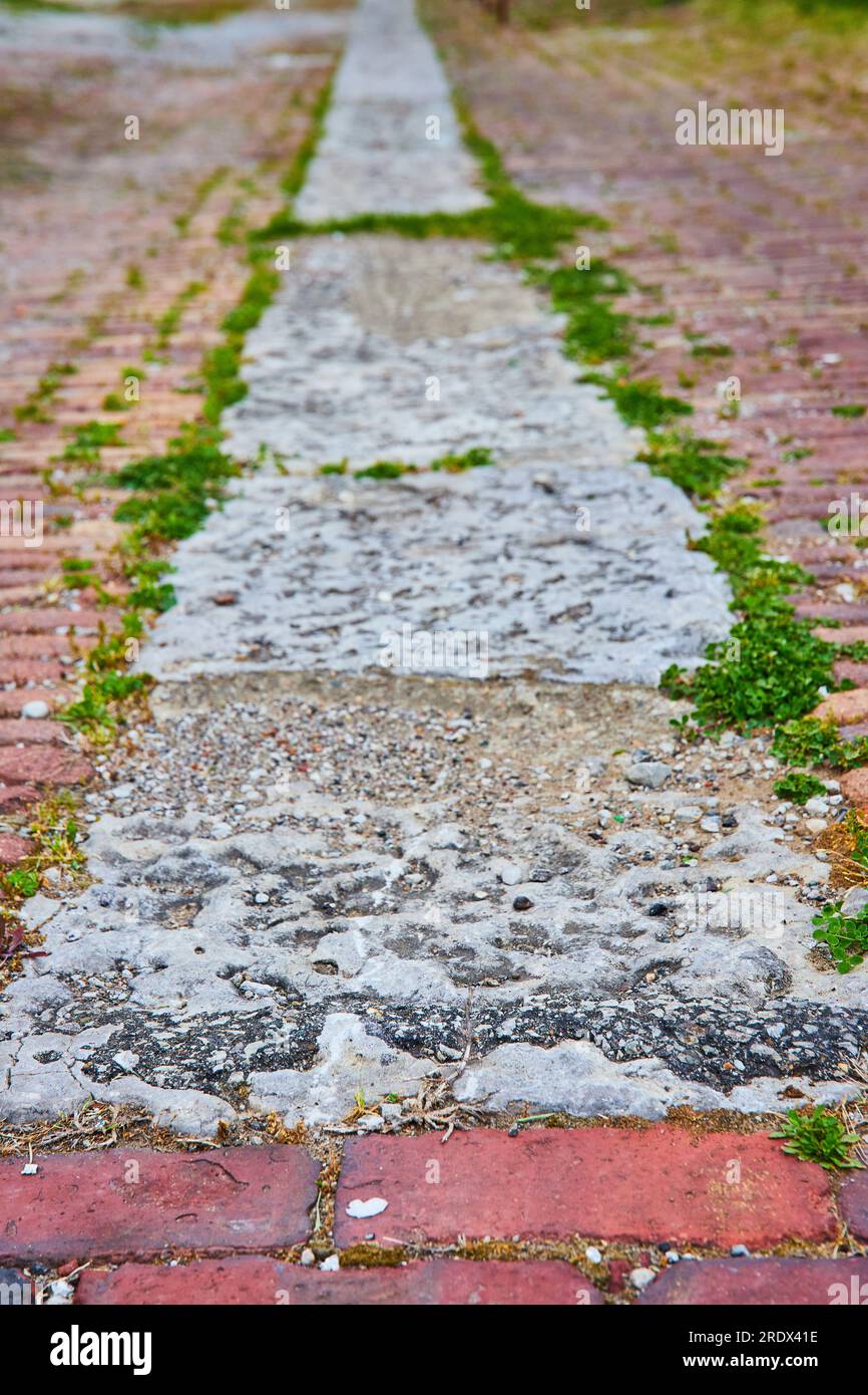 Gros plan de la route en briques rouges avec des tufs d'herbe qui piquent à travers et la section centrale de béton brisé Banque D'Images