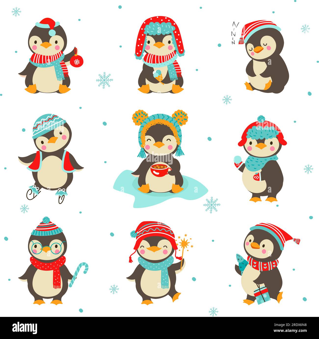 Mignon pingouin de dessin animé, kit de vacances pingouins de Noël. Animaux d'hiver, Noël personnages heureux en écharpe et chapeaux. Autocollants amusants pour enfants set vectoriel nowaday Illustration de Vecteur