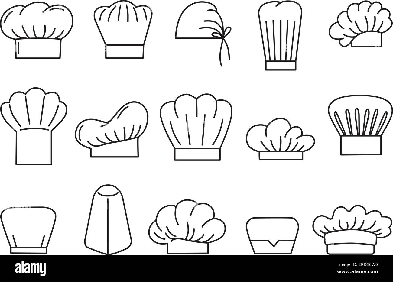 Logo chefs cuisiniers chapeaux. Chefs doodles accessoires de tête, élément de vêtements de cuisine. Symboles de cuisine ou de boulangerie, signes vectoriels néotériques de restaurant Illustration de Vecteur