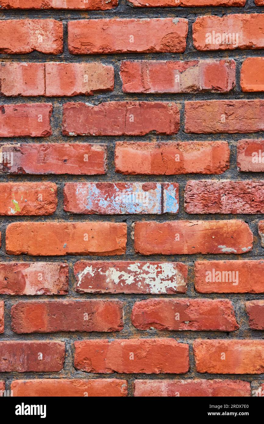 Mortier noir entre les briques rouges décolorantes sur le mur avec la texture émiettante Banque D'Images