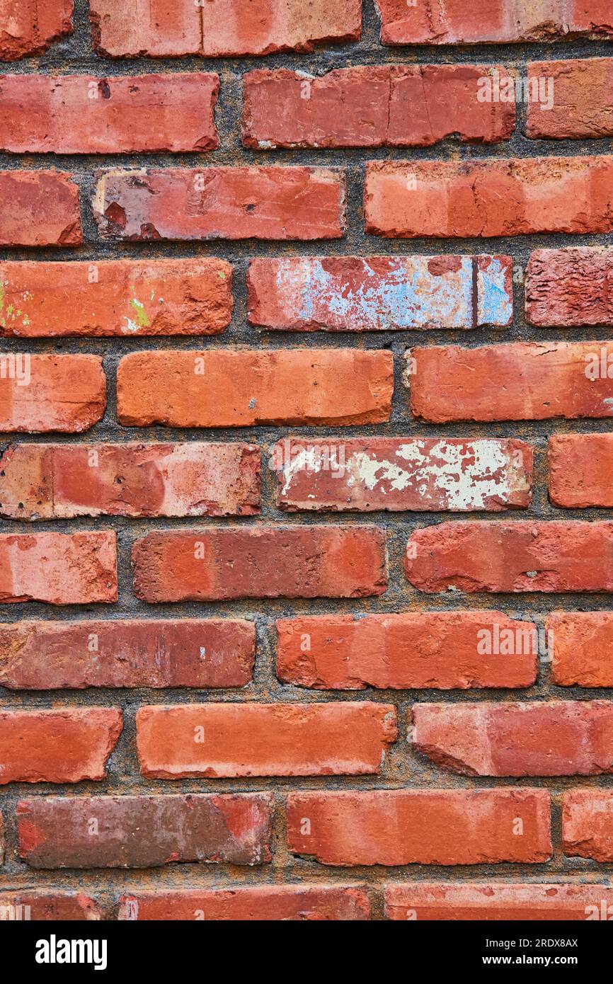 Vertical de briques rouges horizontales sur le mur avec couleur décroissante et éclaboussures bleues et blanches Banque D'Images