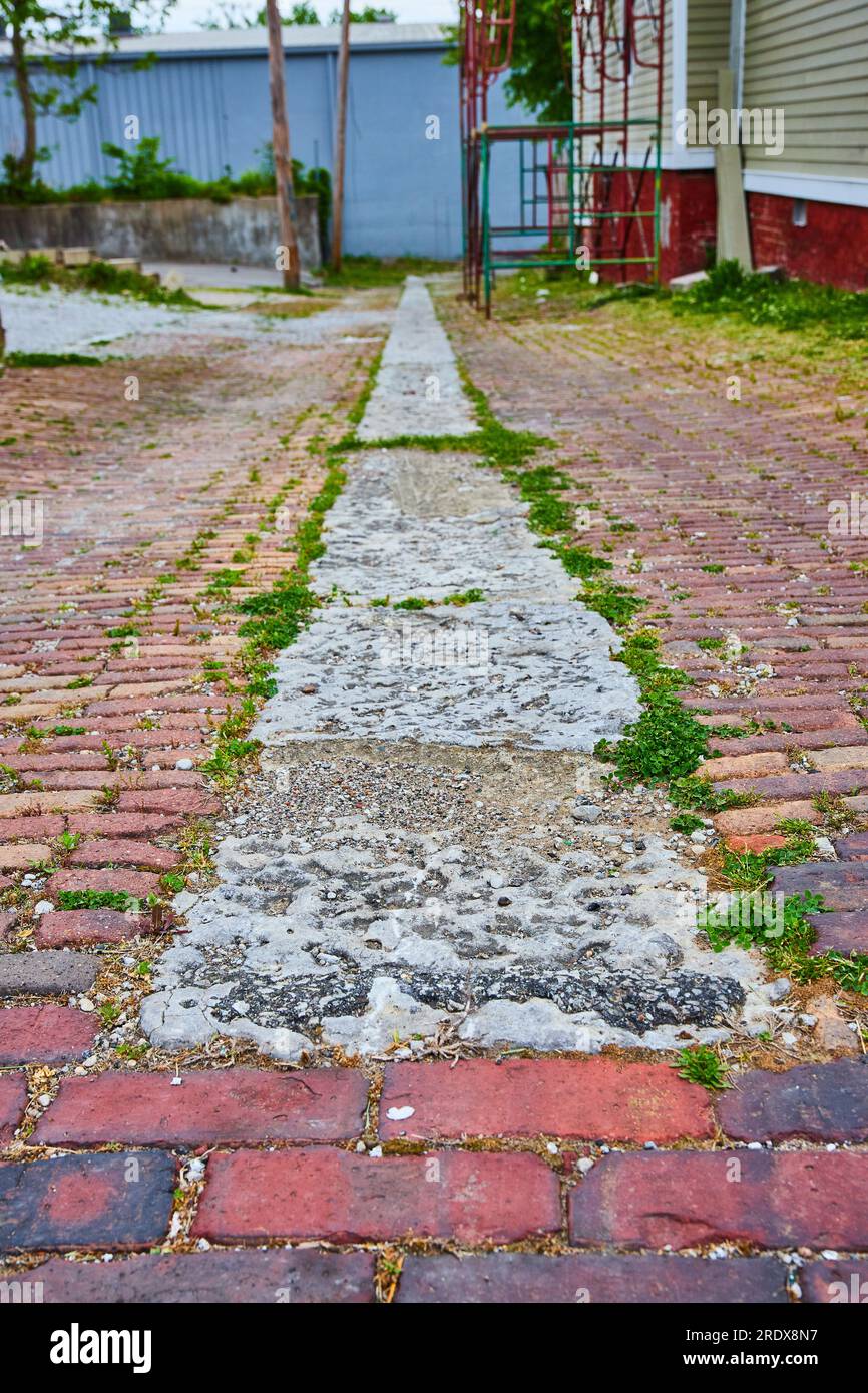 Route en briques rouges avec des tufs d'herbe perçant à travers et section centrale de béton brisé avec des maisons Banque D'Images