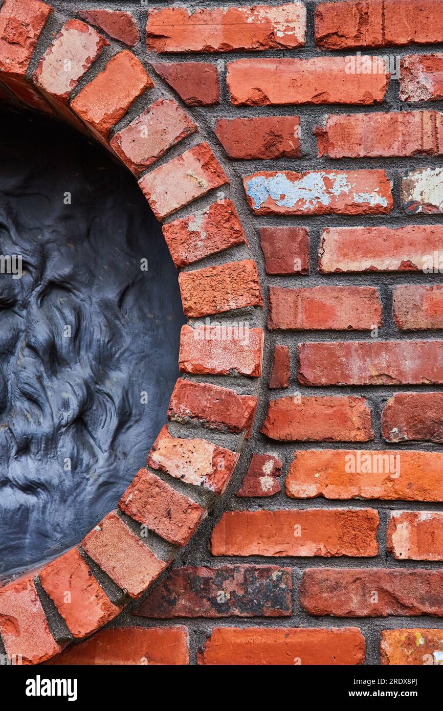 Vertical de mur de briques rouges avec demi-cercle s'ouvrant au motif noir de crinière ondulée de lions sur la gauche Banque D'Images