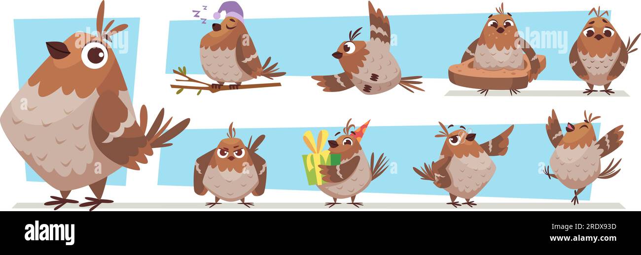 Moineaux. Oiseaux de bande dessinée en action pose des moineaux drôles vectoriels exacts communiquant Illustration de Vecteur