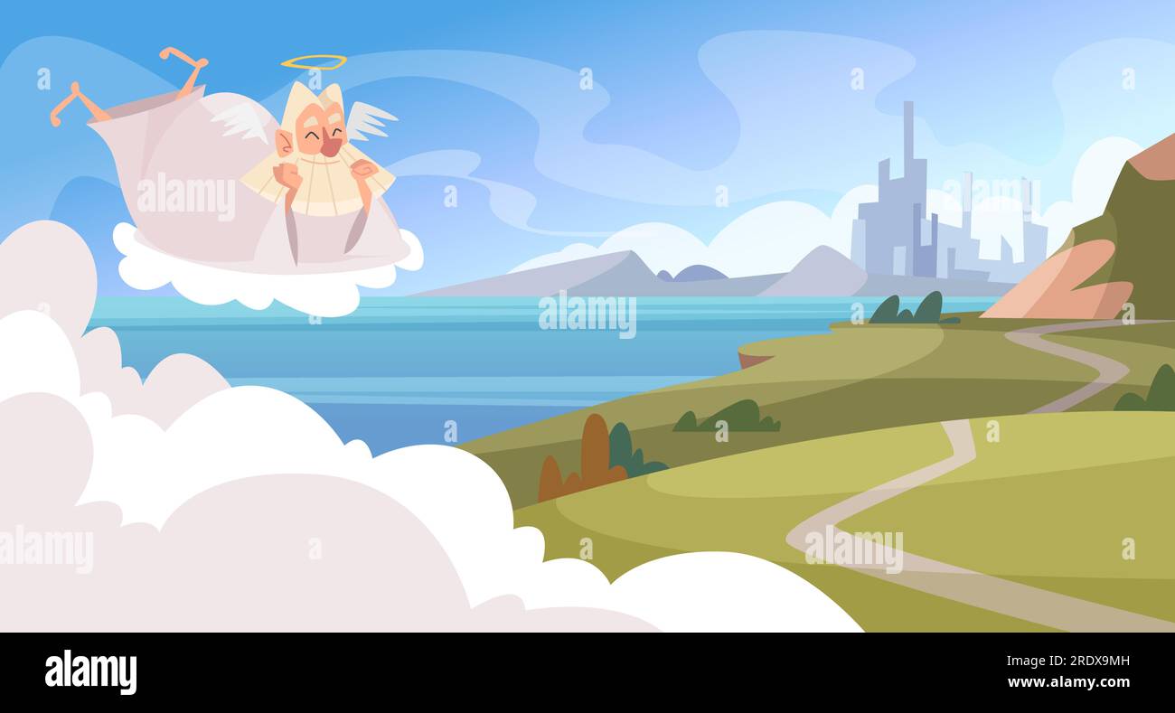 Ciel sacré. Dieu ou ange âgé assis sur le fond exact de dessin animé vectoriel de nuage Illustration de Vecteur