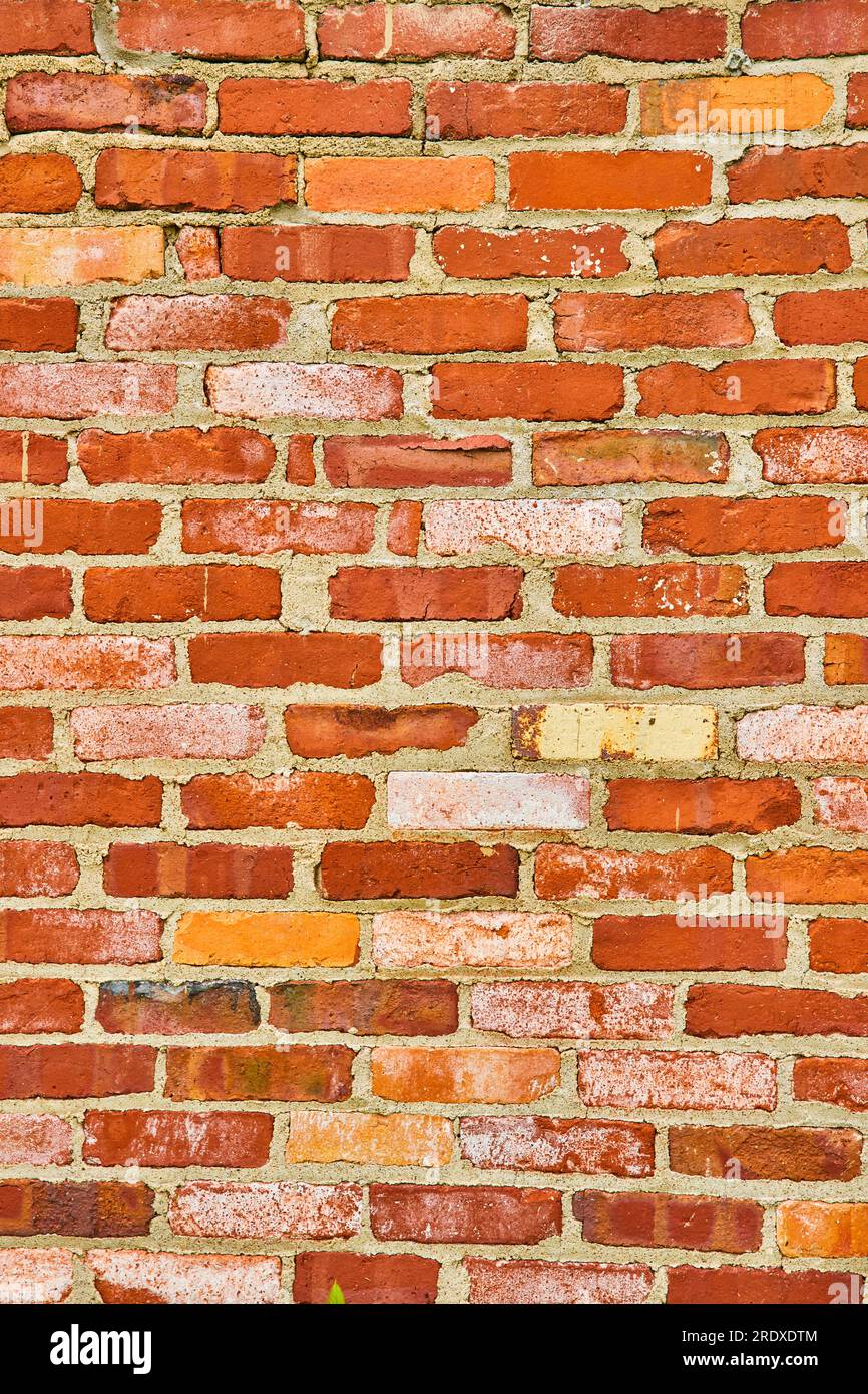 Fond actif mur vertical de briques rouges et mortier brun avec taches de peinture blanche Banque D'Images