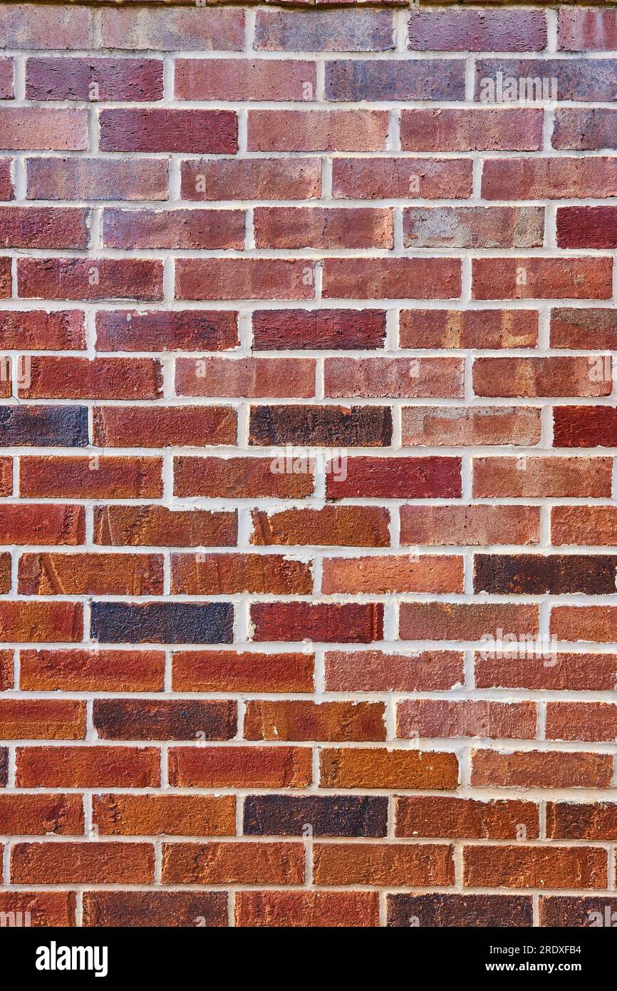Mur de briques rouges de fond vertical avec des teintes variables et mortier blanc Banque D'Images
