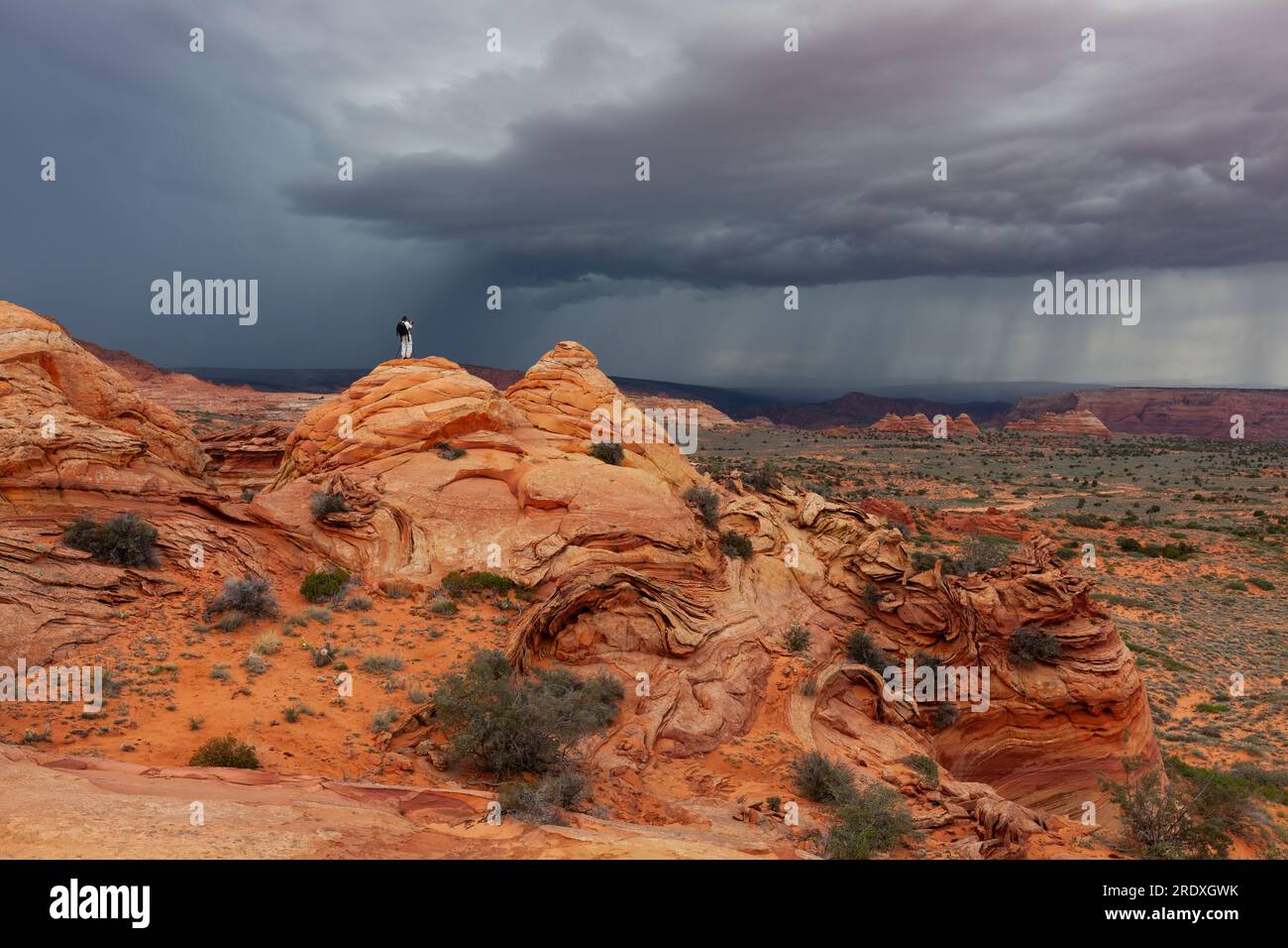 Tempête de pluie sur Grand Staircase-Escalante National Monument (UT) avec personne, prise depuis South Coyote Buttes, Vermilion Cliffs National Monument, Arizona Banque D'Images