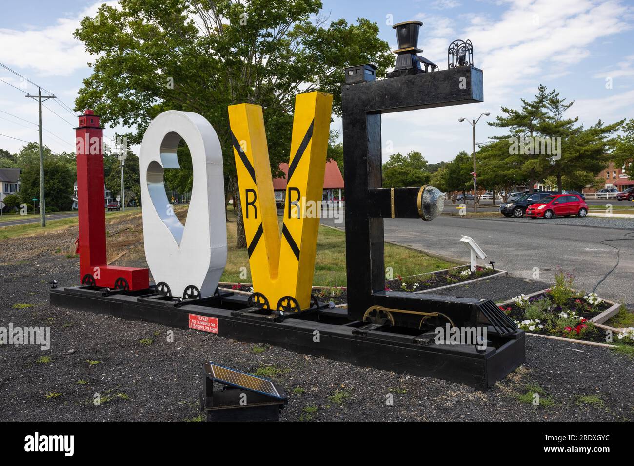 Panneau d'amour sur le thème du train au Eastern Shore Railway Museum, Parksley, Virginie Banque D'Images