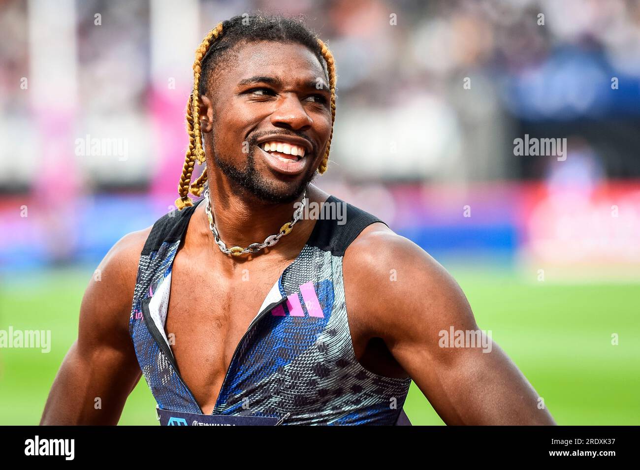 Londres, Grande-Bretagne. 23 juillet 2023. Noah Lyles, des États-Unis, réagit après la finale du 200m masculin au Diamond Leagues Athletics Meeting à Londres, en Grande-Bretagne, le 23 juillet 2023. Crédit : Stephen Chung/Xinhua/Alamy Live News Banque D'Images