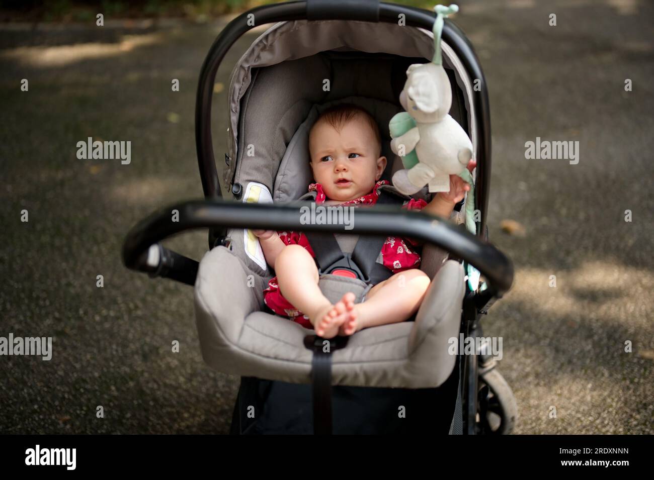 Petite Fille Mignonne Jouant Avec La Poussette De Bébé Image stock