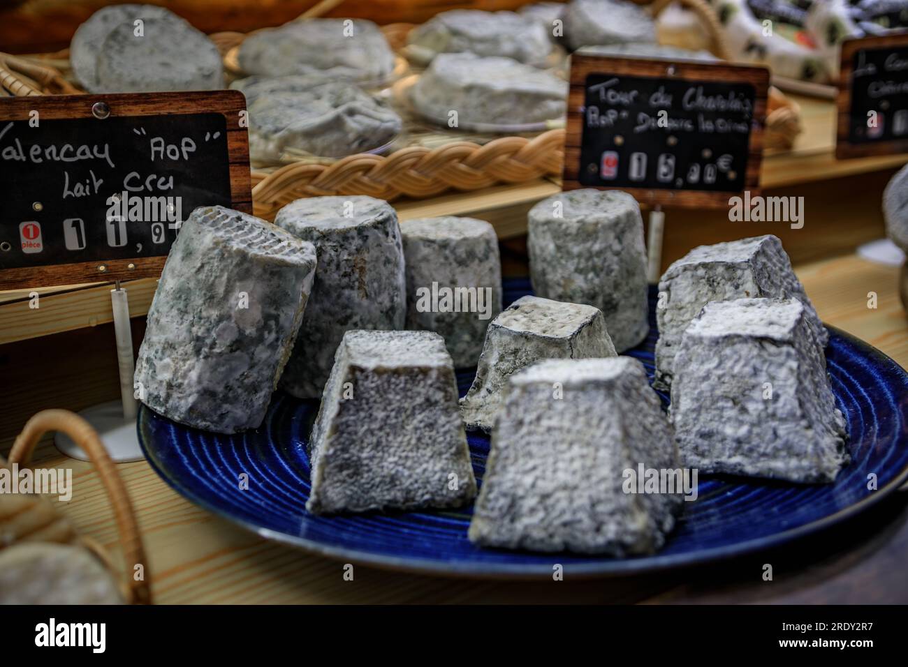 Fromage de chèvre mûr pyramide et rondins dans une fromagerie artisanale de la vieille ville ou vieil Antibes, dans le sud de la France Banque D'Images