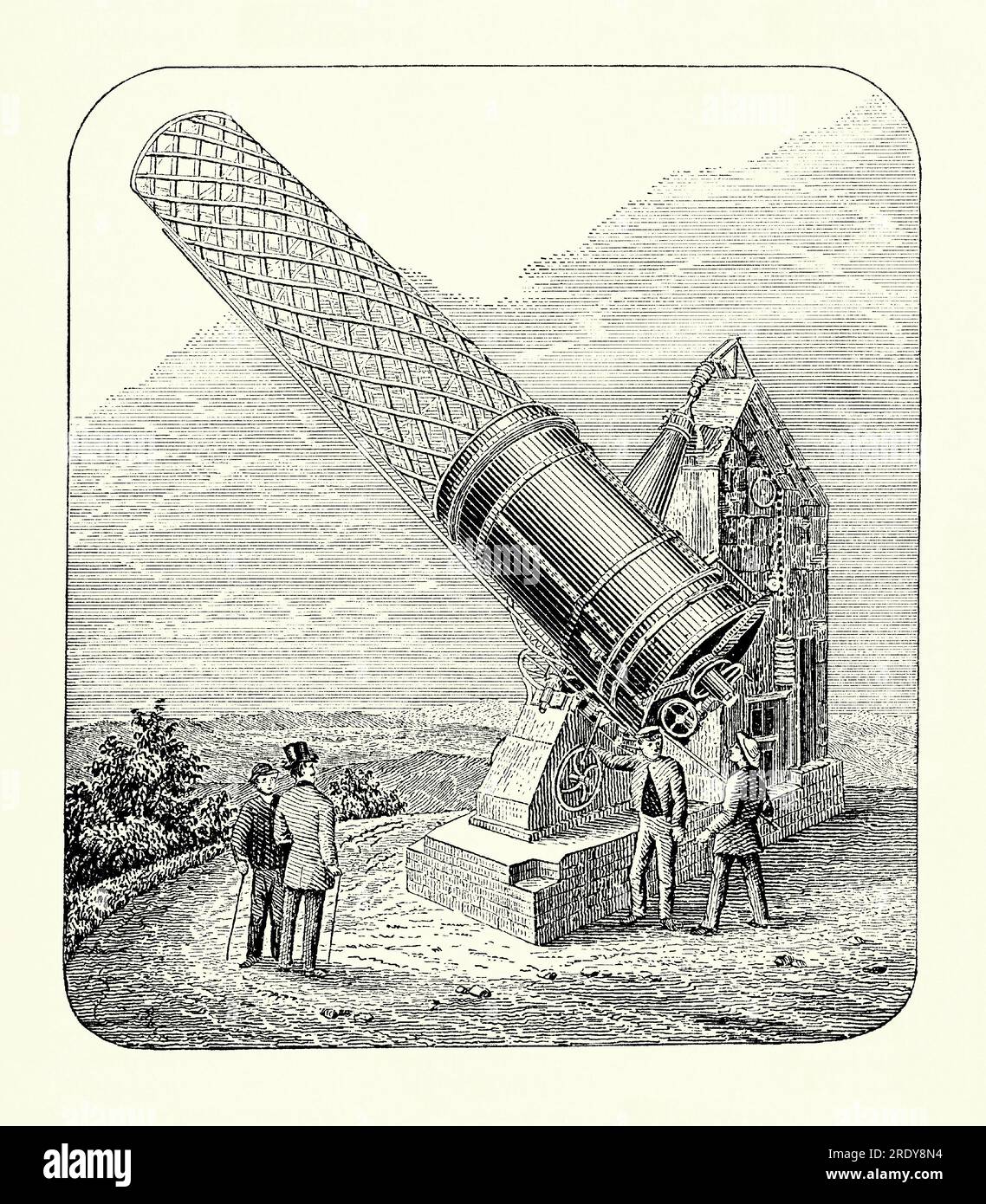 Une gravure ancienne du Grand télescope de Melbourne, Melbourne, Victoria, Australie vers 1869. Il est tiré d'un livre de génie mécanique des années 1880 Le Great Melbourne Telescope a été construit par la Grubb Telescope Company à Dublin en Irlande en 1868. Il a été installé à l'Observatoire de Melbourne en 1869. Avec un miroir primaire de 48 pouces (1,2 mètres) de diamètre, c'était l'un des plus grands télescopes de la fin du 19e siècle. En 1945, l'Observatoire a fermé et le télescope a été déplacé à l'Observatoire du Mont Stromlo près de Canberra. En 2003, le télescope a été gravement endommagé dans un feu de brousse. Banque D'Images