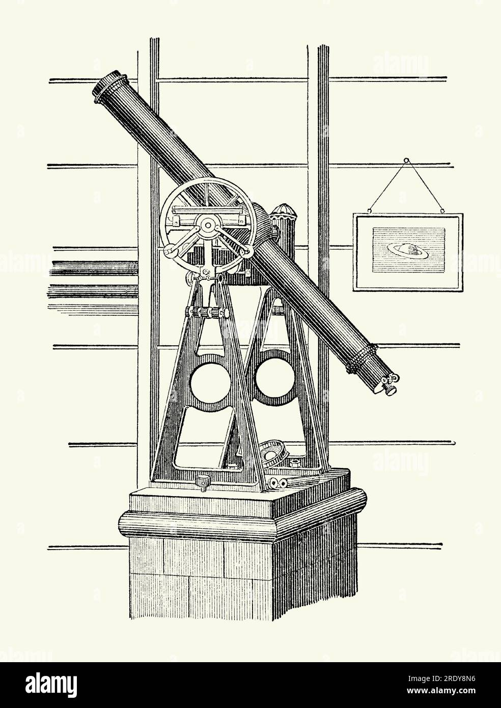 Une ancienne gravure d'un "instrument de transit" victorien. Il est tiré d'un livre de génie mécanique des années 1880 Cet instrument de transit est un télescope articulé sur un support se déplaçant dans un plan. Il est utilisé pour mesurer les positions des objets célestes lorsqu'ils transitent par un point prédéfini. Celui-ci appartenait à l'astronome britannique Frederick Brodie (1823-1896). Brodie, un membre de la Royal Astronomical Society, initialement placé dans un observatoire à Uckfield, Sussex, Angleterre, Royaume-Uni. Il a ensuite été transféré à son observatoire à Fernhill, île de Wight. Brodie a principalement observé des taches solaires et des amas d'étoiles. Banque D'Images