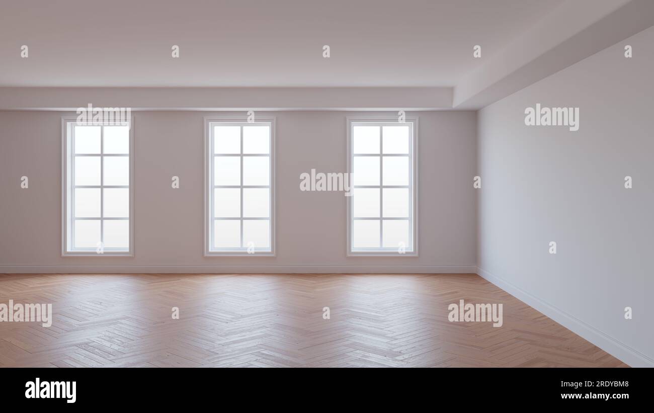Intérieur avec mur blanc, plafond blanc et Conrnice, trois grandes fenêtres, parquet à chevrons et un Plinth blanc. Beau concept de l'intérieur, illustration 3D. Ultra HD 8k, 7680 x 4320 Banque D'Images