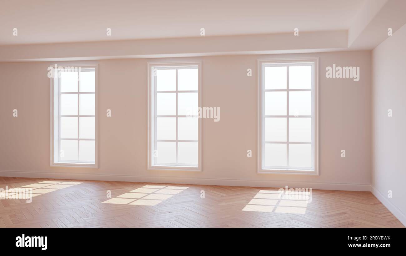 Intérieur ensoleillé de la salle blanche avec trois grandes fenêtres, parquet brillant clair à chevrons et un Plinth blanc. Beau concept de la chambre vide. Illustration 3D, Ultra HD 8k, 7680x4320 Banque D'Images