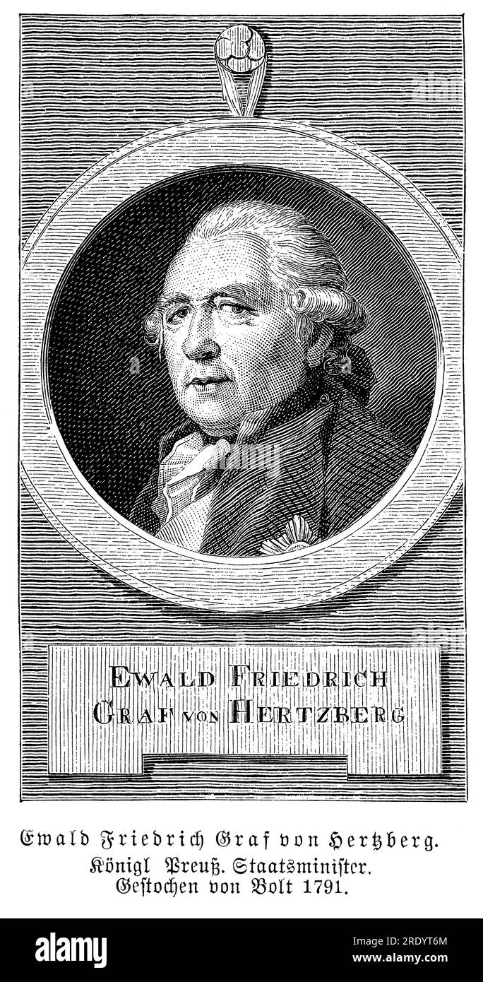 Ewald Friedrich von Hertzberg (1725-1795) était un homme d'État prussien et diplomate qui a joué un rôle important dans la gouvernance et la politique étrangère de la Prusse pendant le règne du roi Frédéric le Grand. Hertzberg est un conseiller de confiance et proche confident de Frédéric le Grand, occupant divers postes de haut rang au sein du gouvernement prussien Banque D'Images