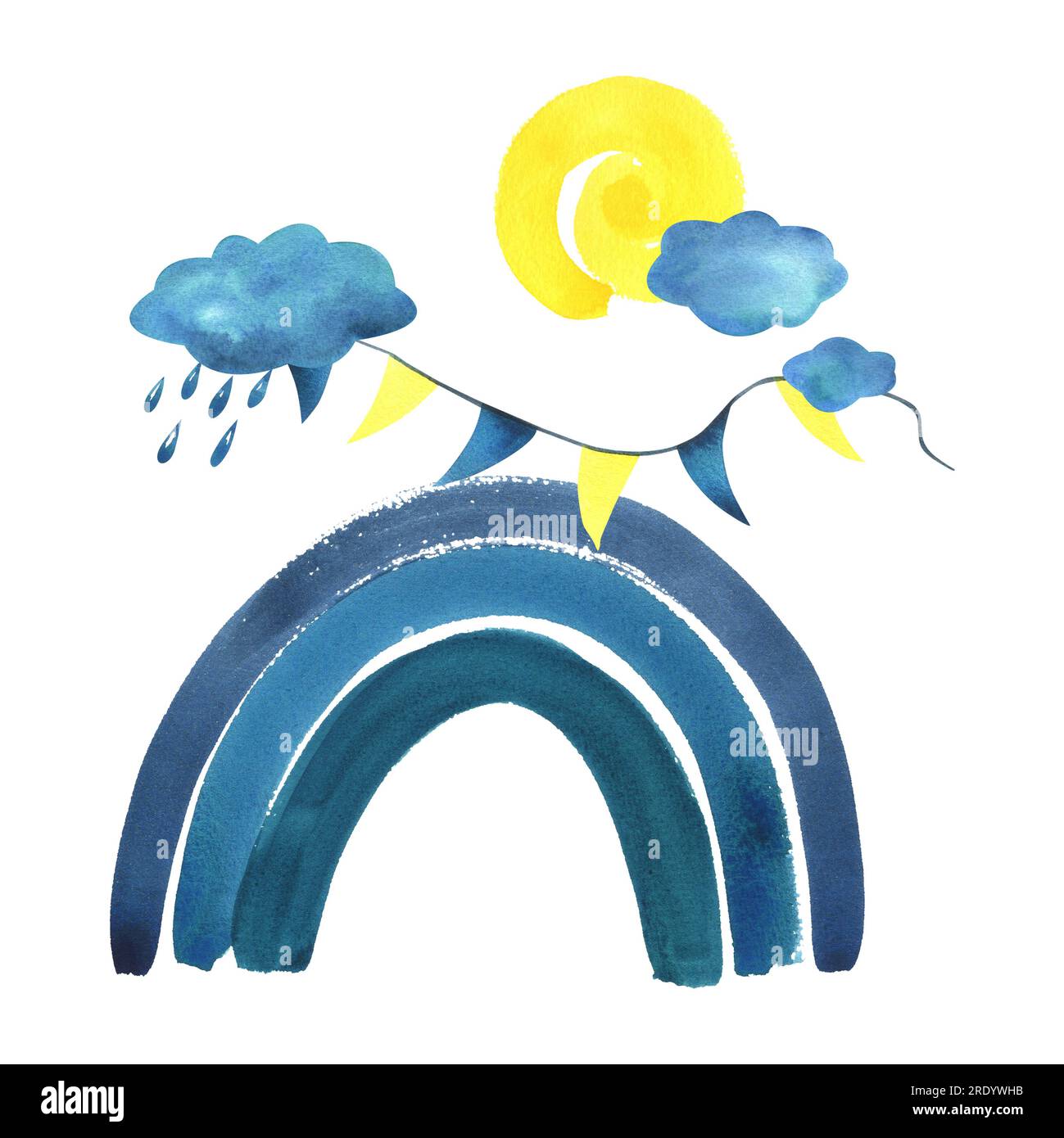 Arc-en-ciel bleu avec nuages, gouttes de pluie, soleil jaune, guirlande de drapeaux. Illustration d'aquarelle, dessinée à la main, dans un style d'enfant. Un isolé Banque D'Images