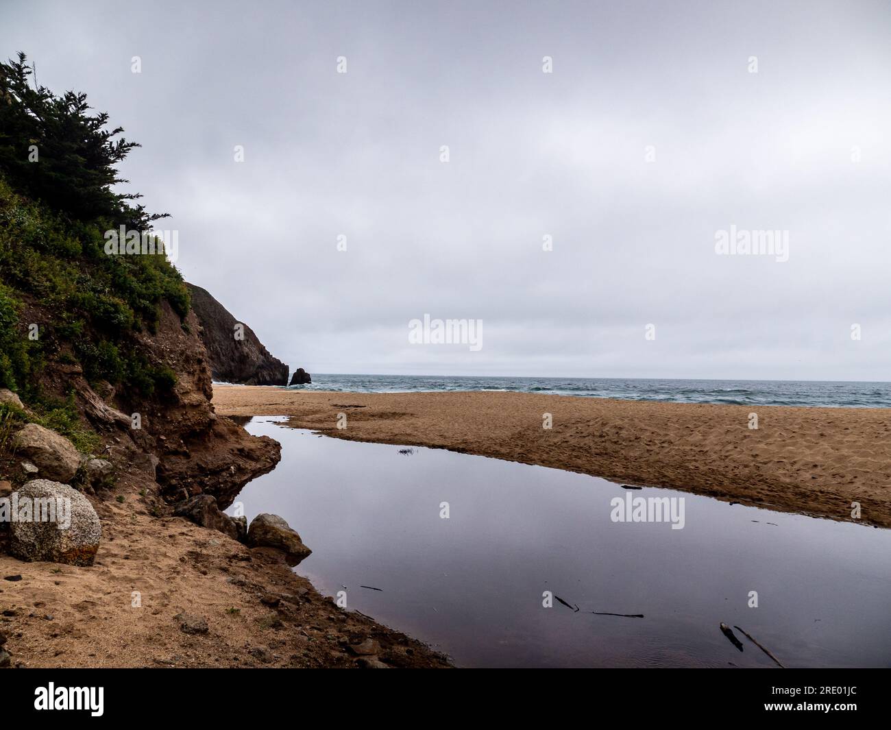 Piscine à marée réfléchissant le ciel avec des vagues dans la distance Banque D'Images