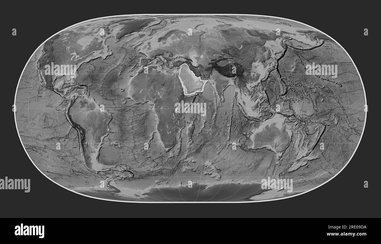 Plaque tectonique arabe sur la carte d'élévation en niveaux de gris