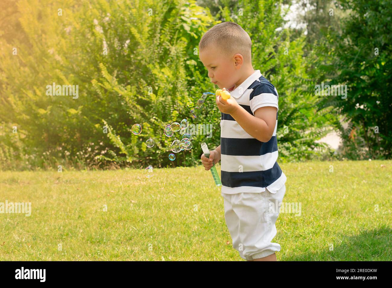 Un beau garçon caucasoïde de 4 ans, dans un T-shirt rayé, joue à l'extérieur dans un parc verdoyant en été et souffle des bulles de savon. Banque D'Images
