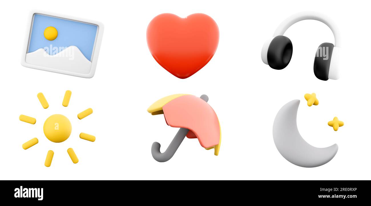 image de rendu 3d, lire la forme du cœur, écouteurs, luminosité, parapluie, icône mise en veille prolongée définie. jeu d'icônes de concept d'interface utilisateur de rendu 3d. Banque D'Images