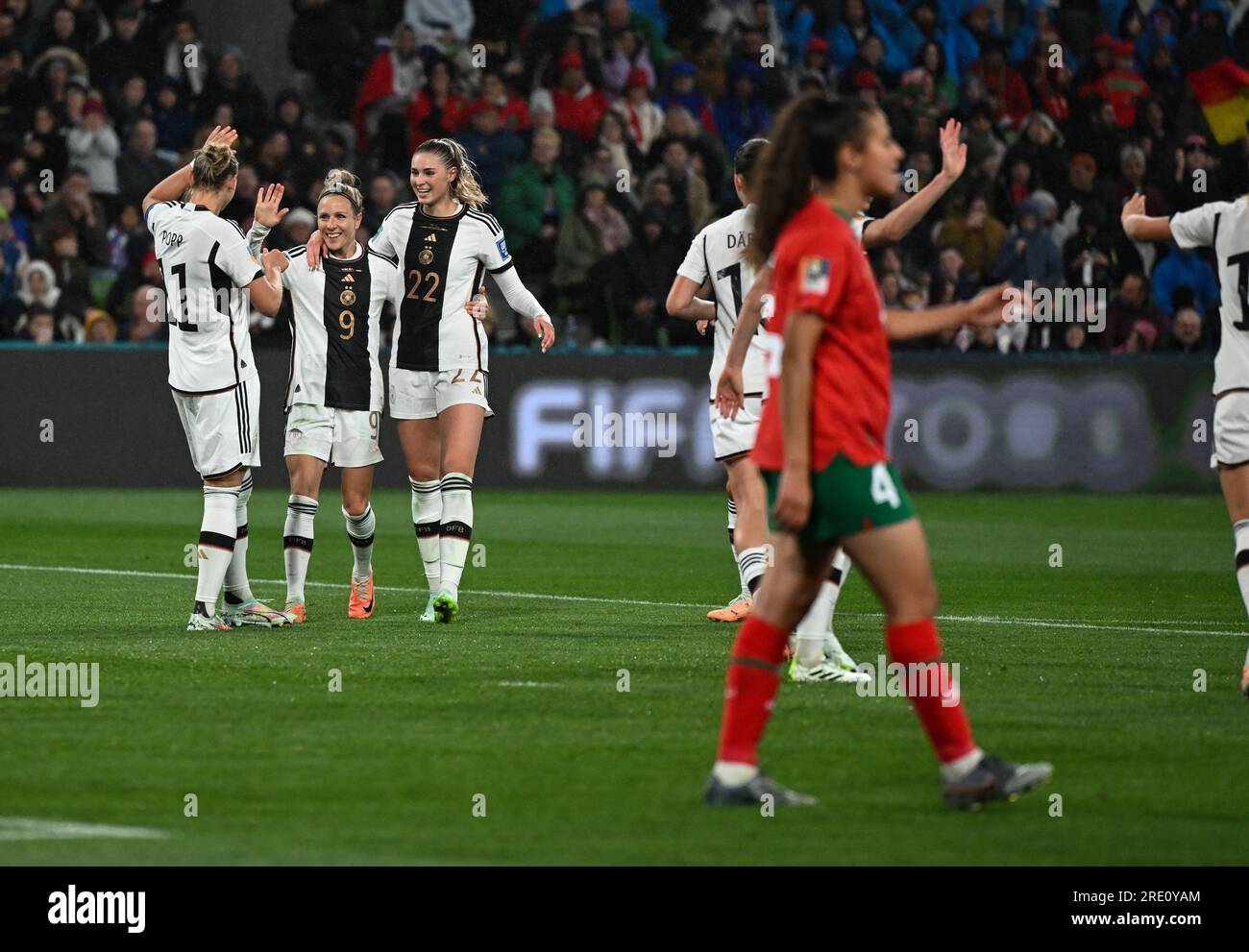 Melbourne, Australie. 24 juillet 2023. Les joueuses allemandes célèbrent leur quatrième but lors du match du groupe H entre l'Allemagne et le Maroc lors de la coupe du monde féminine de la FIFA 2023 à Melbourne, Australie, le 24 juillet 2023. Crédit : Mao Siqian/Xinhua/Alamy Live News Banque D'Images