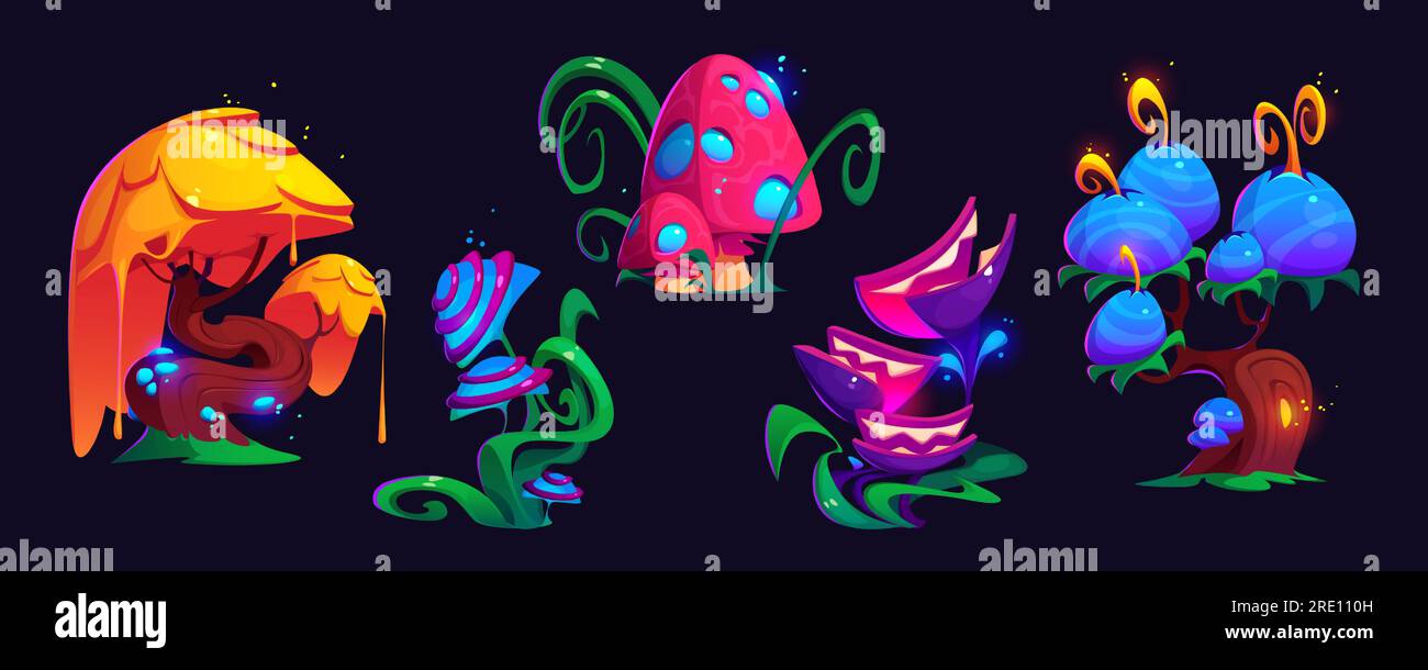 Champignon et arbre de jeu de dessin animé de forêt magique fantaisie set. Design d'icône isolé de nature psychédélique de planète extraterrestre. Drôle néon Wonderland élément de jardin en bois pour le paysage fantastique mystère. Illustration de Vecteur