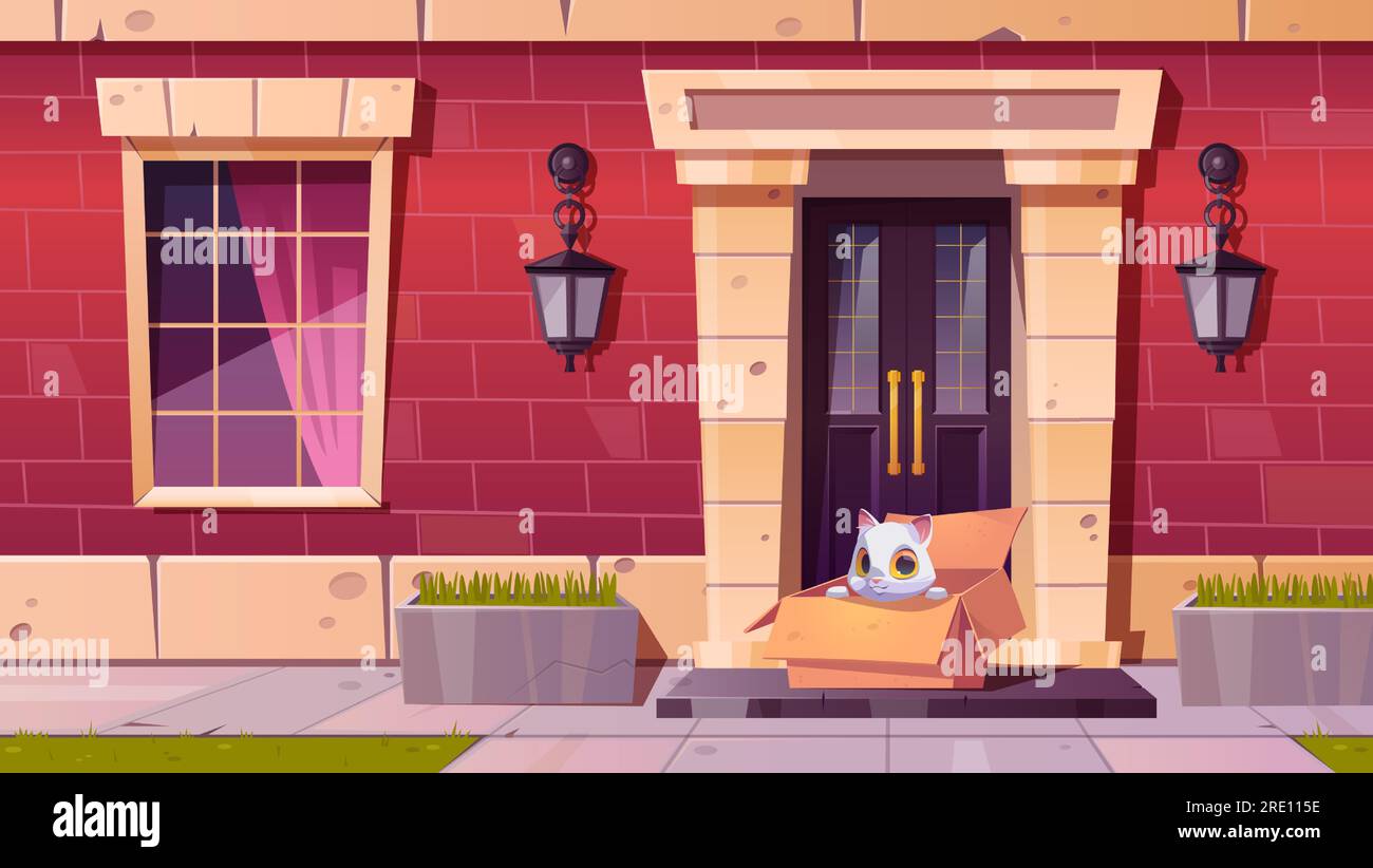Chat sans abri assis dans une boîte en carton sur le porche de la maison par temps ensoleillé. Illustration de dessin animé vectoriel de chaton blanc moelleux mignon attendant le nouveau maître près de la porte de la maison, à la recherche de la maison. Adoption des animaux de compagnie Illustration de Vecteur