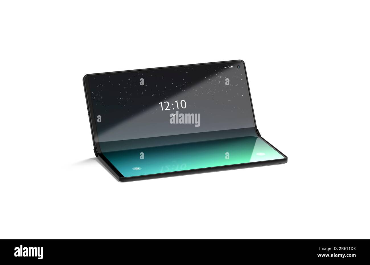 Activé écran de téléphone de livre flexible maquette à moitié ouverte, isolé, rendu 3D. Gadget à clapet pliable vide avec maquette d'économiseur d'écran. Flex clair Banque D'Images